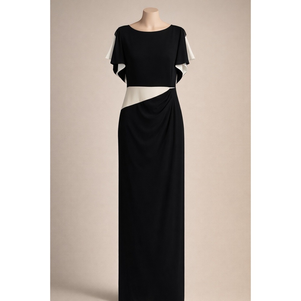 Lauren Ralph Lauren Evening Dress Maxi Long Gown Black White Flutter Sleeve Sz 4